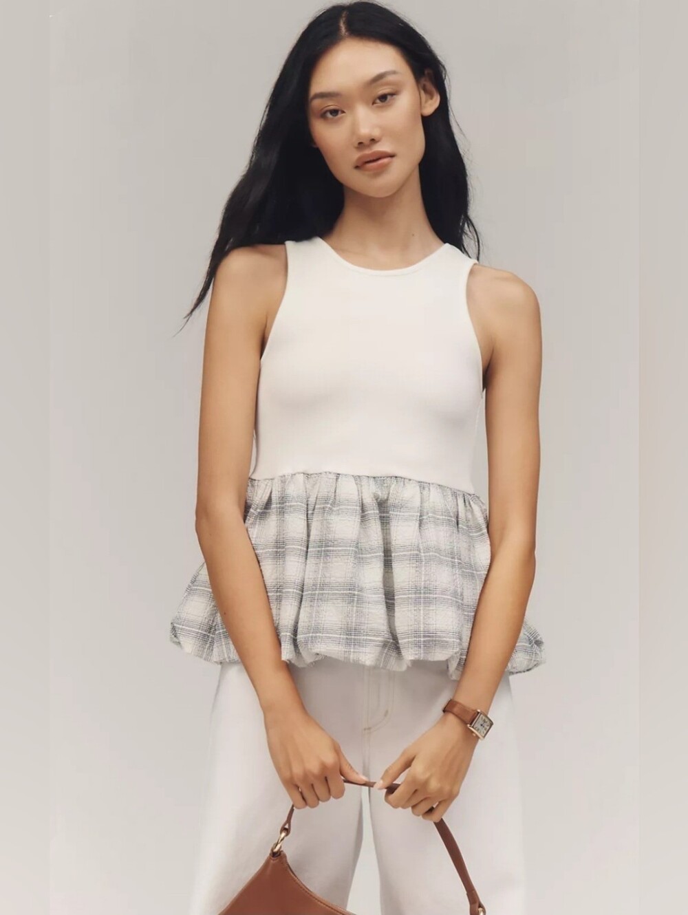 NWT Anthropologie Maeve White Peplum Plaid Bubble Hem Tank Top